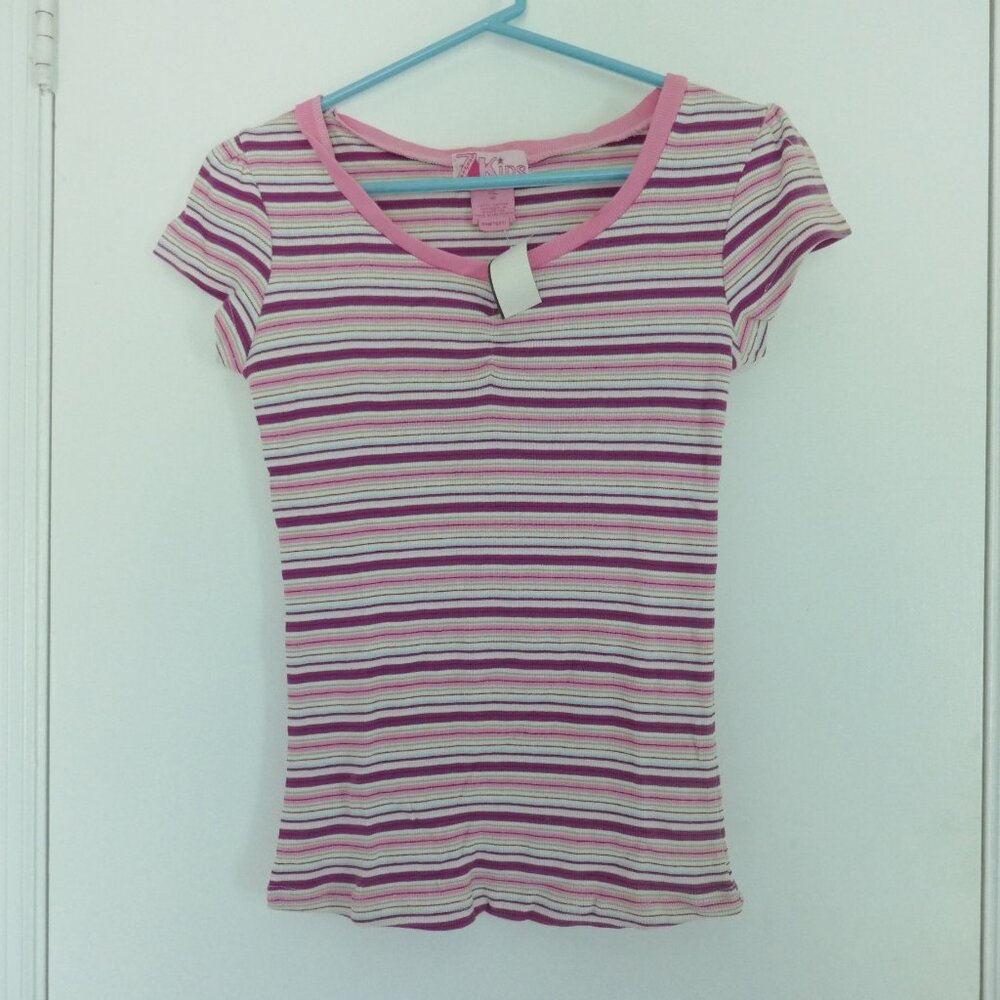 NWT vintage 90's Y2K girls pink purple multi striped ribbed knit tee size XL
